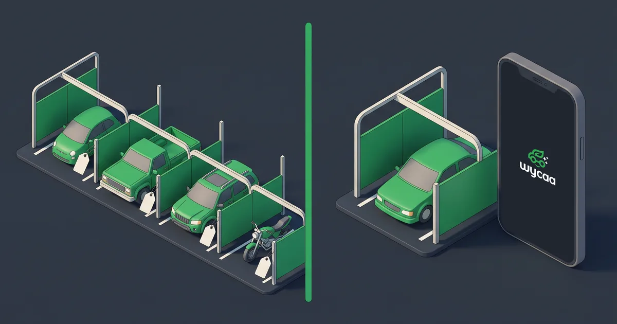 De un lado boxes con un auto, una camioneta, una SUV y una moto; del otro, un box con un auto y el celular con wycaa