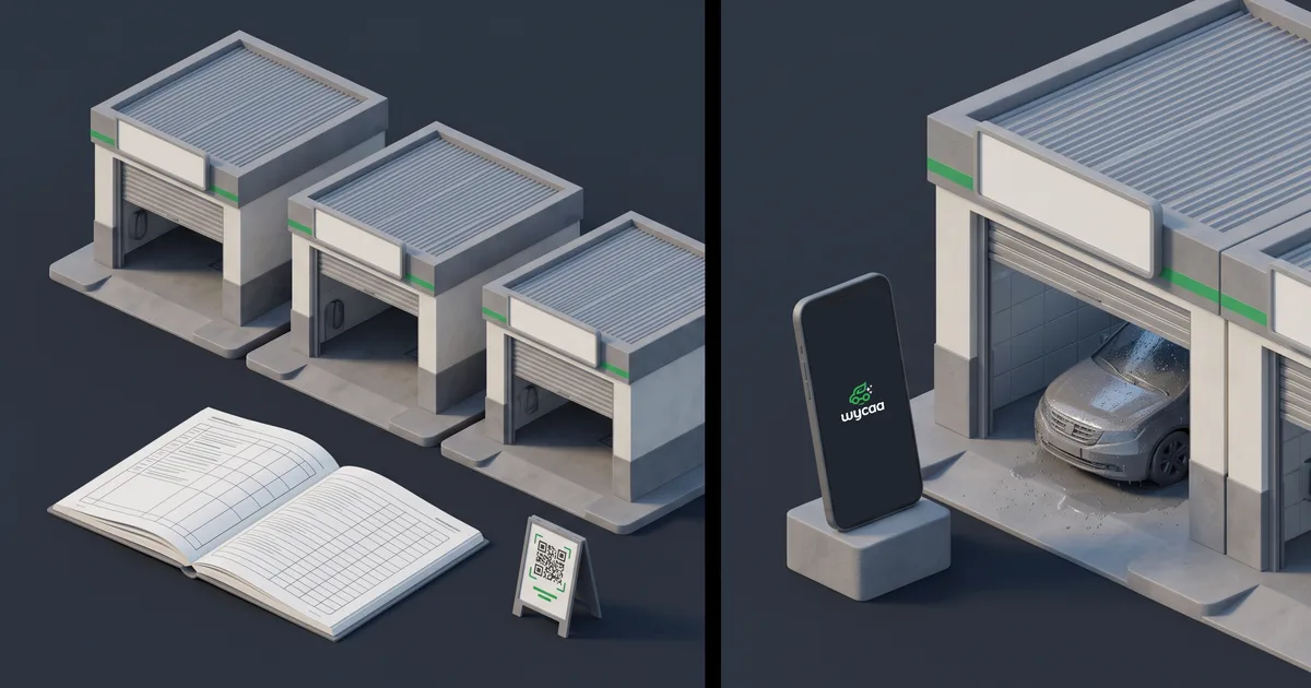 De un lado tres sucursales de lavadero y un libro de caja; del otro, un box con un auto y el celular con wycaa