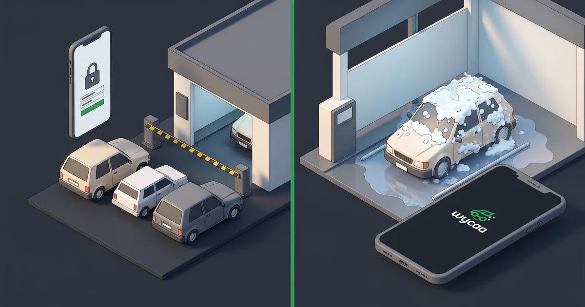 De un lado autos esperando en fila y un celular con candado de inicio de sesión; del otro, un auto en el box y el celular con wycaa